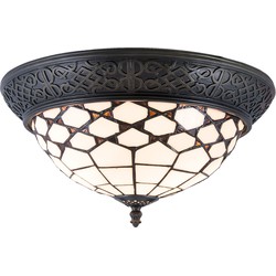 LumiLamp Plafondlamp Tiffany  Ø 38x19 cm  Wit Bruin Glas Halfrond Plafonniere