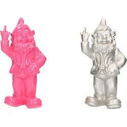 2x Staande tuinkabouters roze/zilver middelvinger 30 cm - Tuinbeelden