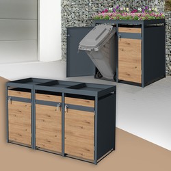 Afvalbakdoos met plantendak, 3 bakken tot 240L 200x80x124 cm gemaakt van staal in eiken look ML design