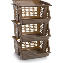 Plasticforte Opberg kratten/manden/organizers - 3 lagen/vakken - 39 x 32 x 62 cm - kunststof - bruin - Opbergmanden