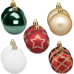 30x stuks kerstballen mix wit/rood/groen/champagne gedecoreerd kunststof 5 cm - Kerstbal