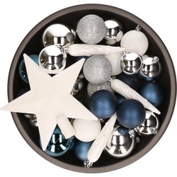 33x stuks kunststof kerstballen met piek 5-6-8 cm blauw/wit/zilver incl. haakjes - Kerstbal