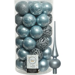 37x stuks kunststof kerstballen 6 cm incl. matte glazen piek lichtblauw - Kerstbal