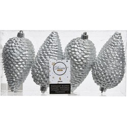 4x Zilveren dennenappels kerstballen 12 cm kunststof glitter - Kersthangers