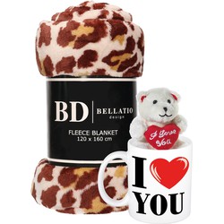 Valentijn cadeau set - Fleece plaid/deken panter print met I love you mok en beertje - Plaids