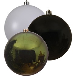 Kerstversieringen set van 6x grote kunststof kerstballen groen-wit-zwart 14 cm glans - Kerstbal