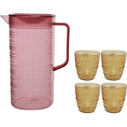 Roze schenkkan/waterkan/sapkan/limonadekan set met 4 gele glazen - Schenkkannen