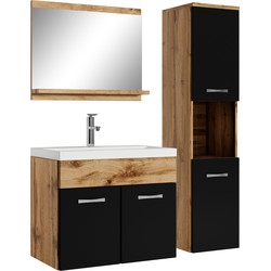 Badplaats Badkamermeubel Set Montreal 60 x 35 cm - Eiken met Zwart - Badmeubel met spiegel en zijkast
