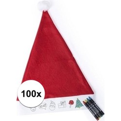 100x Hobby Kerstmutsen inkleurbaar met waskrijtjes voor jongens/meisjes/kinderen - Kerstmutsen