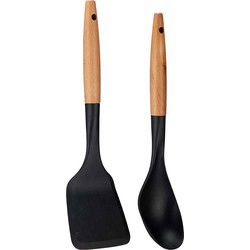 Kook/keuken gerei - set van 2x stuks - zwart/bruin - kunststof/hout - kook accessoires - Soeplepels