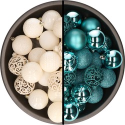 Kerstballen - 74x stuks - wol wit en turquoise blauw - 6 cm - kunststof - Kerstbal