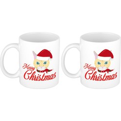 Set van 2x stuks kerstcadeau mokken/bekers Merry Christmas met kat / poes Kerstmis 300 ml - Bekers