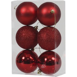 6x Rode kunststof kerstballen 8 cm glans/mat/glitter - Kerstbal