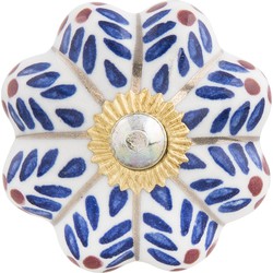 Clayre & Eef Deurknop  Ø 4x3 cm Blauw Wit Keramiek Bladeren Meubelknop