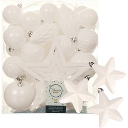 56x stuks kunststof kerstballen en ornamenten met ster piek wit - Kerstbal