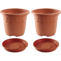 2x stuks bloempotten met onderschaal terra cotta rond diameter 29 cm - Plantenpotten