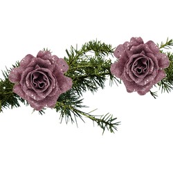 2x stuks kerstboom bloemen roos roze glitter op clip 10 cm - Kersthangers