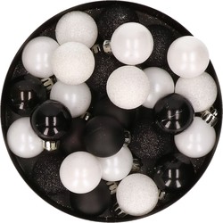 28x stuks kunststof kerstballen zwart en wit mix 3 cm - Kerstbal