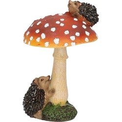 Paddenstoel beeldje met egeltjes - 11 cm - herfstdecoratie voor tuin en huis - polyresin ornament - Tuinbeelden