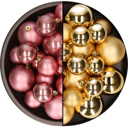 Kerstversiering kunststof kerstballen mix oud roze/goud 6-8-10 cm pakket van 44x stuks - Kerstbal