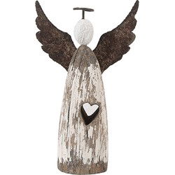 Clayre & Eef Decoratie Beeld Engel Wit Bruin Hout
