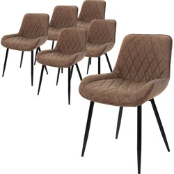 Set van 6 eetkamerstoelen diamond quilting bruin kunstleer bekleed met metalen poten incl. montagemateriaal ML-Design