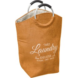 Decopatent® XL Wasmand 80L - Tekst Deluxe Laundry -> Wash Dry Iron - Waszak met handvat - Grote Badkamer Wasmand - Velours - Geel