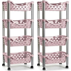 Set van 2x keukentrolley/roltafel 4 laags kunststof roze 40 x 88 cm - Opberg trolley