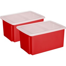 Sunware 2x opslagbox kunststof 51 liter rood 59 x 39 x 29 cm met deksel - Opbergbox