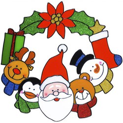 Kerst decoratie stickers kerstkrans met kerstman plaatje 30 cm - Feeststickers