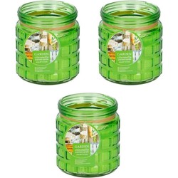 3x stuks Citronella/citrus geurkaars in glazen pot - 12 cm - groen - geurkaarsen