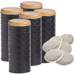 Zeller Bewaarblik voor koffiepads - 5x - zwart - metaal - 7,5 x 18 cm - Voorraadblikken