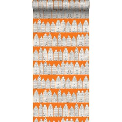 ESTAhome behang Amsterdamse huizen oranje en wit - 53 cm x 10,05 m - 115874