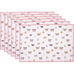 Clayre & Eef Placemats Set van 6  48x33 cm Beige Roze Katoen Vlinders Tafelmat