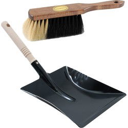 stoffer met houten handvat - zacht paardenhaar - zwart metalen blik - houten handvat - Stoffer en blik