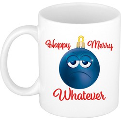 Kerstcadeau mok / beker Merry Happy whatever chagrijnige blauwe kerstbal 300 ml - Bekers