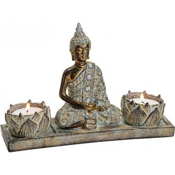 Decoratie boeddha beeld met twee theelichthouder bruin 20 cm - Beeldjes