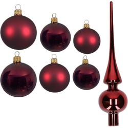 Groot pakket glazen kerstballen 50x donkerrood glans/mat 4-6-8 cm met piek glans - Kerstbal