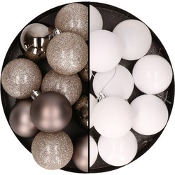24x stuks kunststof kerstballen mix van champagne en wit 6 cm - Kerstbal