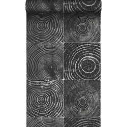 Origin Wallcoverings behang dwarsdoorsnede boomstam mat zwart en zilver - 53 cm x 10,05 m - 347544