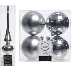 Zilveren kerstversiering set piek en 4x kerstballen 10 cm glans/mat - Kerstbal