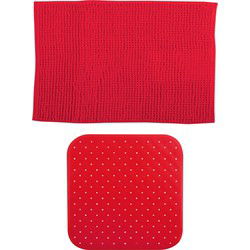 MSV Douche anti-slip mat en droogloop mat - Sevilla badkamer set - rubber/microvezel - rood - Badmatjes