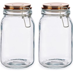 Set van 2x stuks glazen luxe keuken voorraadpotten/voorraadbussen met klepdeksel koper 1500 ml - Voorraadpot