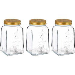 Pasabahce Voorraadpot/bewaarpot Square - 3x - glas - 1,5L - transparant/goud - D10 x H19 cm - voedsel bewaren - Voorraadpot
