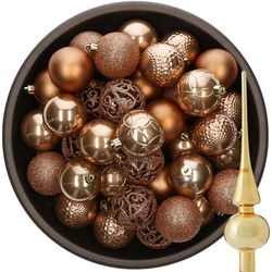 37x stuks kunststof kerstballen camel bruin 6 cm incl. glazen piek goud - Kerstbal