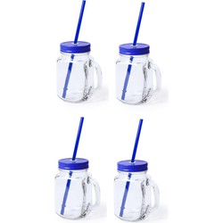 4x stuks Drink potjes van glas Mason Jar blauwe deksel 500 ml - Drinkbekers