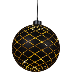 Kersthanger bal glas gouden binnenkant met diamant patroon 12led warm wit op batterij met timer d15 cm mat zwart