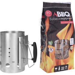 BBQ briketten/houtskool starter met kunststoffen handvat 30 cm met 80x BBQ aanmaakblokjes - Brikettenstarters