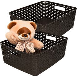PlasticForte Opbergmand - 2x - Kastmand - rotan kunststof - donkerbruin - 12 Liter - 30 x 37 x 13 cm - Opbergmanden