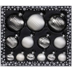 13x stuks luxe glazen kerstballen ribbel zilver 4, 6, 8 cm - Kerstbal